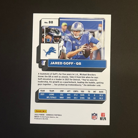 Jared Goff: Detroit Lions, Quarterback 2022 Panini Donruss Football #88 - Picture 2 of 2